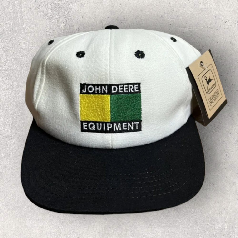 Vintage John‎ Deere Hat Cap White Black Strap Back Logo Blockhead USA Mens New